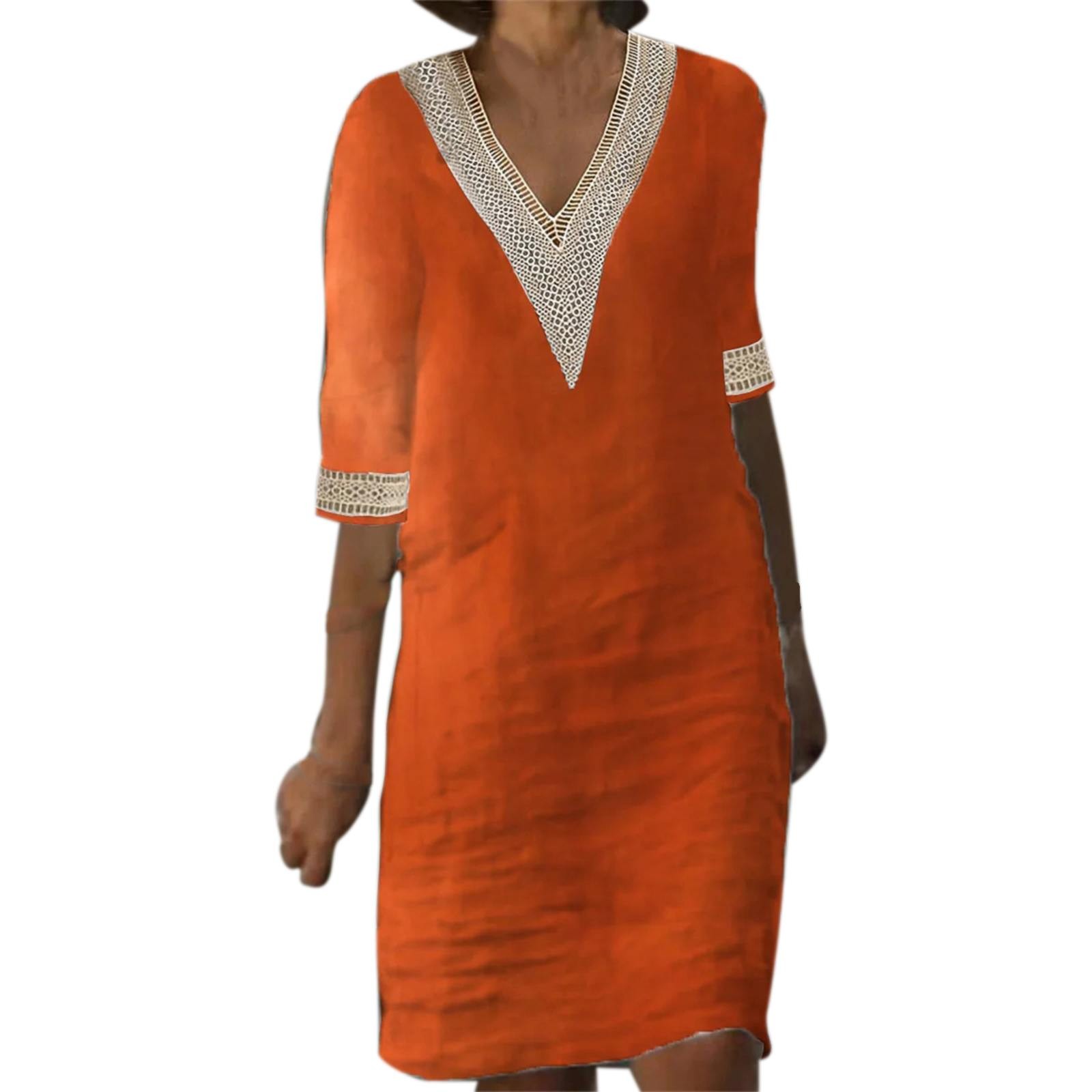 thumbnail image 3 of Vestido de mujer con cuello en V, costuras de encaje y manga media: vestido ligero y casual de verano con diseño clásico, 3 of 5